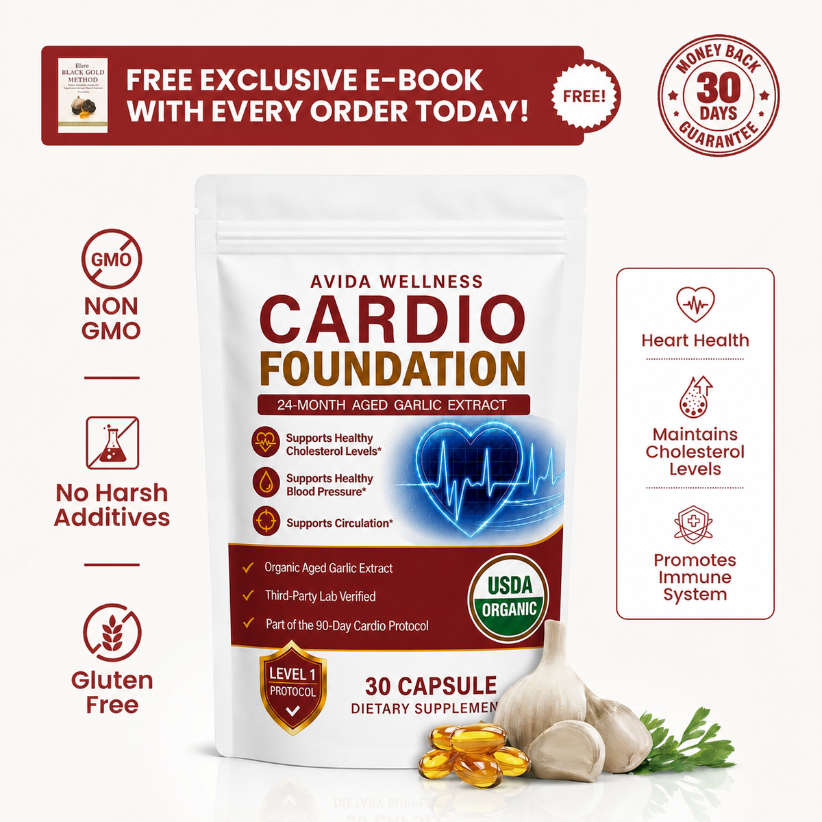 Avida Wellness Aged Garlic Extract hero benefits and guarantee