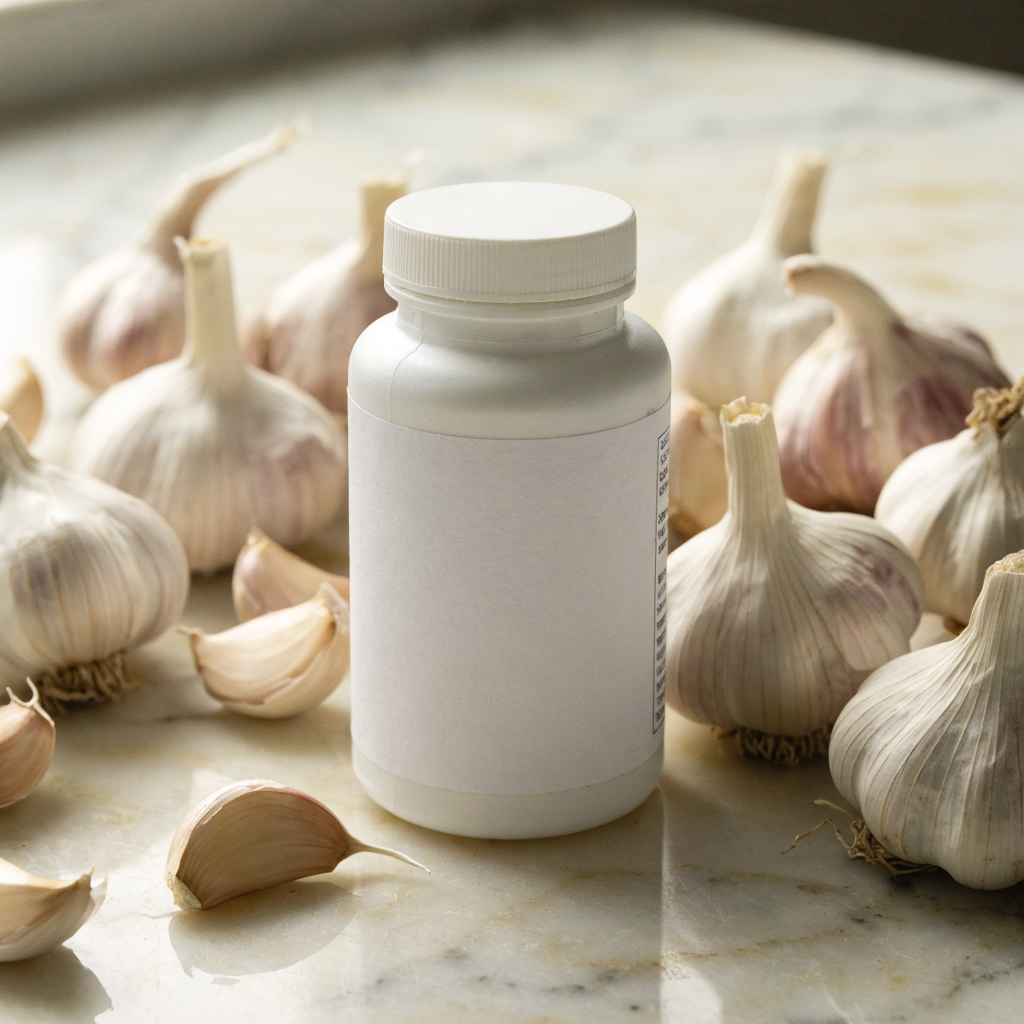 Aged Garlic Extract bottle with fresh garlic bulbs
