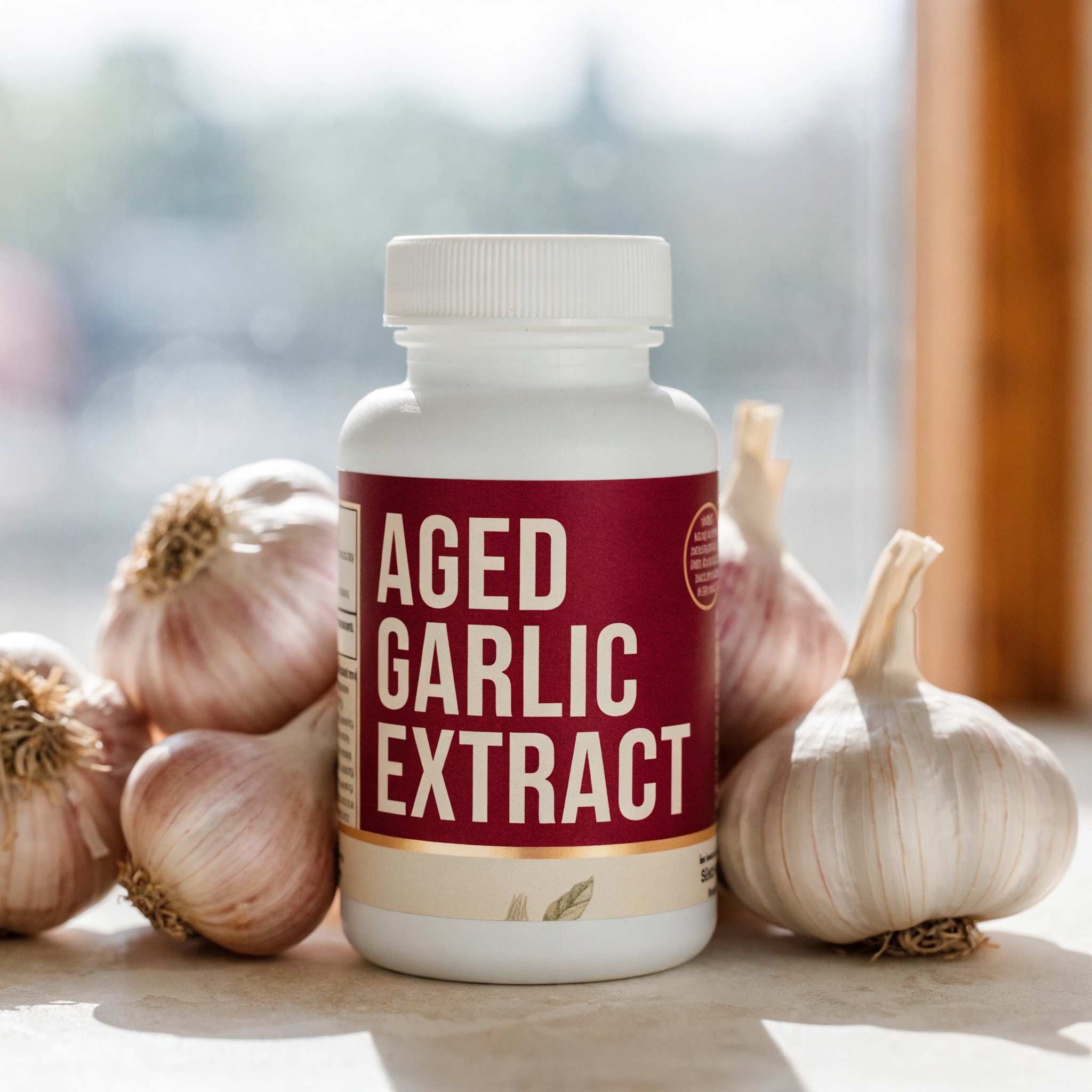 Aged Garlic Extract bottle with fresh garlic bulbs